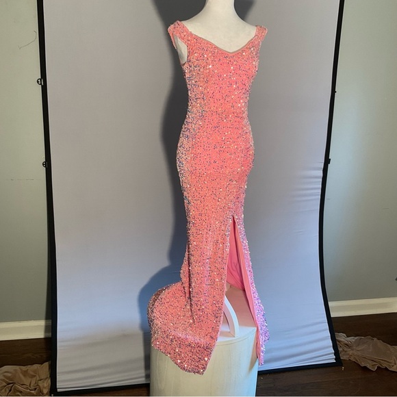 Faeriesty Dopamine XS Pink Crushed Velvet Bodycon Dress with Sequins, Front Slit - Picture 3 of 16
